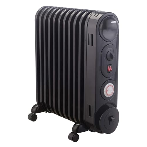 MYLEK Oil Filled Radiator Heater Electric, Portable 2.5KW Black, Thermostat and 24hr Repeat Timer, 3 Heat Settings, Unique Safe Panel Fin Design (2500W Black)