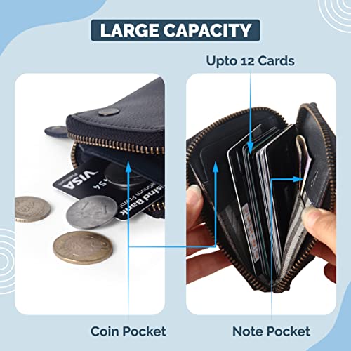 Image of Destinio Card Holder Wallet for Men Women - Genuine Leather, Branded Zippers, RFID Protection - ATM Debit Credit Card Holder, Slim RFID Protected Zipper Money Coin Purse (Blue)