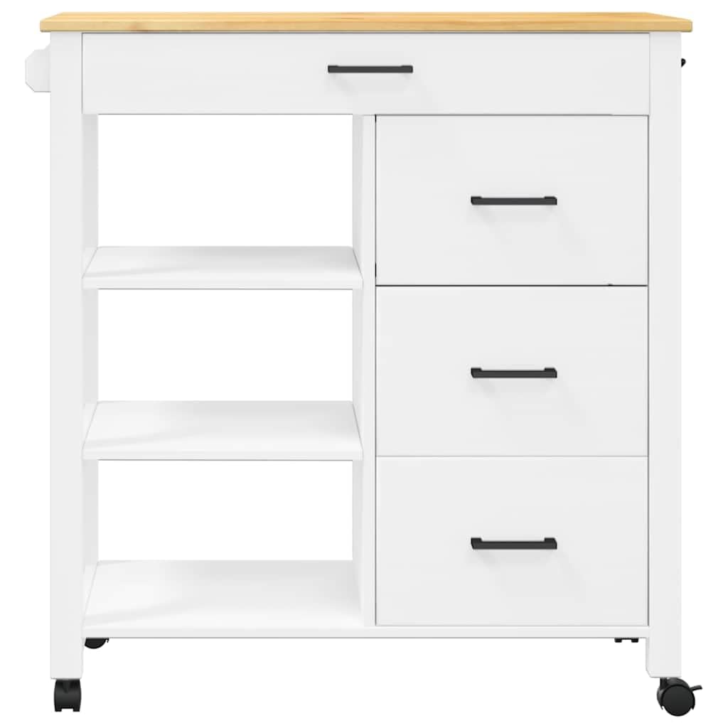 Générique Wózek kuchenny z litego drewna sosnowego 84x40x88,5 cm | 4 szuflady i 3 otwarte półki, 4 koła, w tym 2 zamykane, wieszak i haczyki boczne, do kuchni, salonu biura