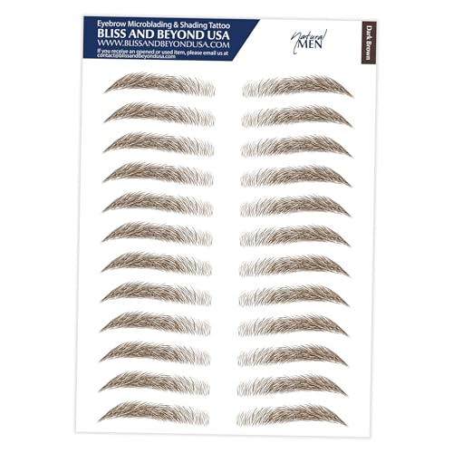 Bliss and Beyond USA | Men Waterproof Eyebrow Tattoo Stickers. A real hair stroke look. Hair replacement without surgery. Solution for hair loss. Tinted eyebrow tattoos. (MEN) (Standard, Dark Brown)