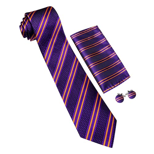 Image of Barry.Wang Man Stripe Ties Set Silk Woven Pocket Square Necktie Cufflinks Formal Party Business