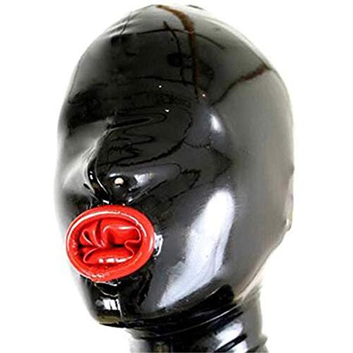 SecondSkin Black Latex Hood with Inner Red Mouth Condom Open Nose Back Zipper Rubber Mask Club Wear (Medium)
