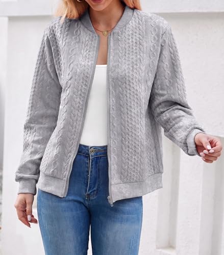 Image of WROLEM Women's Zip Up Cardigan Sweater Cable Hoodies Long Sleeve Jacket Outfits Crewneck Casual Coat