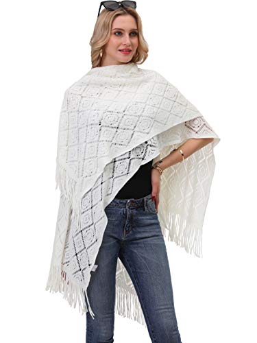 Knit Shawl Wrap for Women - Soul Young Ladies Fringe Knitted Poncho Cardigan Cape(One Size,Cream White Block)