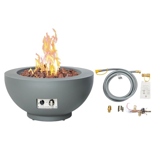 28-Inch Propane Fire Pit with Natural Gas Conversion Kit, 58,000 BTU Round Gas Fire Pit Table, Outdoor Fire Bowl Firepit with Lid, Lava Rocks, Cover, Pre-Attached 10 ft Propane Hose, Gray