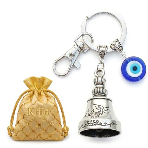 Image of Silver Guardian Bell Keychain for Bike & Motorcycle - Tibetan Lucky Charm with Evil Eye | Metal Rider Protection Bell | Biker Motorcycle Accessories Gift