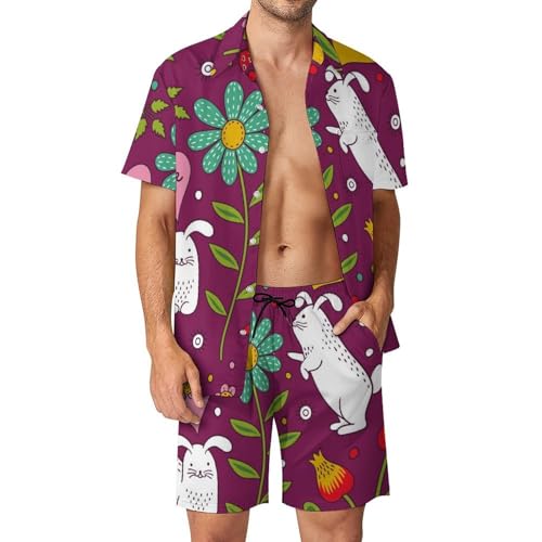 Chemise Hawaïenne Homme Fleurs Lapin Ensemble Short Pantalon Plage Vêtement Été S