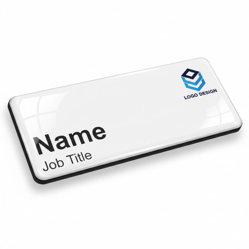 Badgemaster Your Logo Personalised Premium Logo Right Name Badge Premium Domed Custom White Black 76 x 32mm