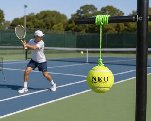 Image of Medium-Heavy Weight (80 Grams) Hanging Tennis Green Ball || 3.6 mtrs Nylon Rope || Double Knot || Yellow Rope || Cricket Batting Drills|| Pack of 1