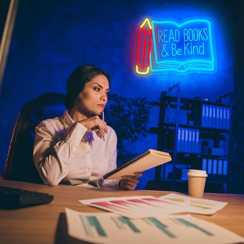 Image of Read Books Be Kind Neon Sign for Wall Decor Reading Neon Light Study Room | Dimmable Led Neon,Teen Birthday Reading Gifts,5V USB Powered,Bookstore Bedroom Decor, Classroom Library Wall Art,13.7*10in