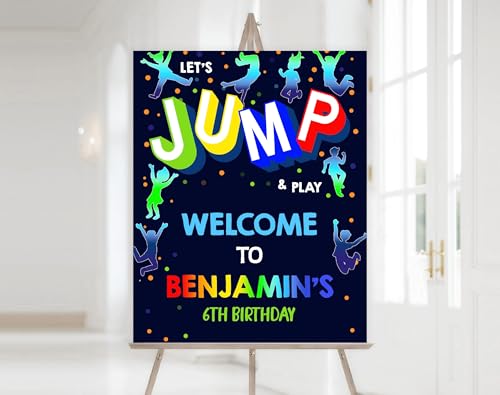 Jump Birthday Welcome Sign for Kids, Trampoline Park Party Poster for Boys, Let's Jump and Play Custom Birthday Banner, Physical Printed Sign for 6th Bday, Glow Party Entrance Decoration