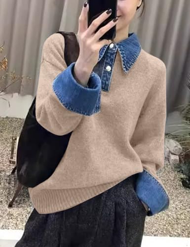 Image of Womens Denim Lapel Sweater Oversized Long Sleeve Button Down Polo Knit Pullover Sweaters 2025 Fall Outfits