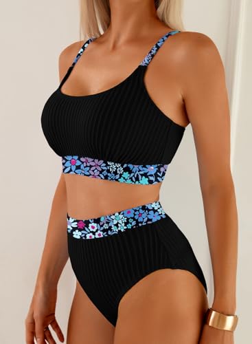 Image of Herseas Women's Textured Bikini Sets Floral Print Trim Scoop Neck Swimsuits High Waisted Bathing Suits