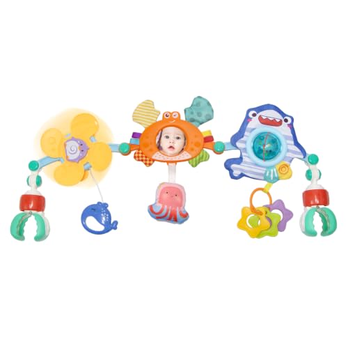 UTOPLIKEY Adjustable Baby Stroller Arch Toy Car Seat Toys for Infants 0 Months Bassinet Hanging Toy Bar Attachment with Mirror & Sound Crib Comfort Gift for Birthday Baby Shower