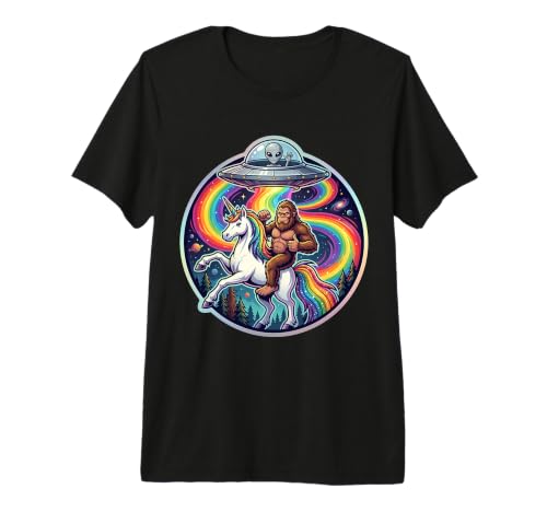 Bigfoot chevauchant Une Licorne rayonnée par UFO Alien Cryptid Art T-Shirt Haut de Gamme