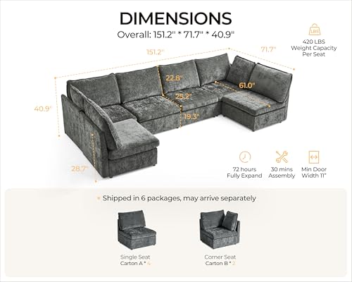Image of Oversized Modular Sectional Sofa, Comfy Cloud Couch with Reversible Chaises Extra Deep U-Shaped Sleeper Sofa Bed for Living Room, Covers Washable, 6-Seater with 2 Corners, Chenille, Grey