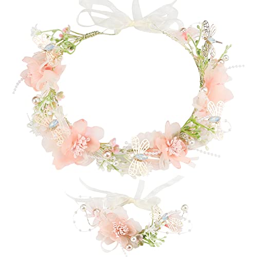 Taumie Cinta para el Cabello de Corona de Flores, Novia Corona Boda Fiesta Guirnalda Floral, Ajustable Hecha a Mano Diadema Floral y Pulsera de Perlas, Festivales Turismo Playa, para Mujer o Niñas Cover