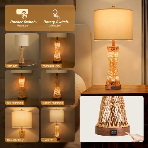 Image of OYEARS 27 inch Table Lamps Set of 2 with Rattan & Dual Lights, Boho Lamps for Nightstands, Bedside Lamps for Bedroom, Nightstand Lamp for Living Room, Farmhouse Table Lamp for Office & Study