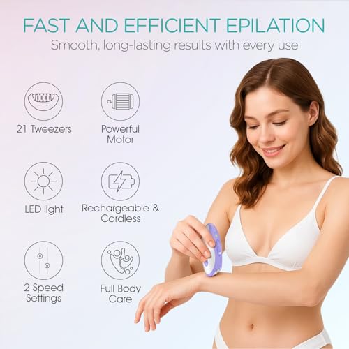 Image of VOGOE Women's Epilator with 21 Tweezers & LED Light, 2 Speeds Wireless Hair Removal, Electric Epilator Rechargeable for Arms & Legs HR110 (Purple)