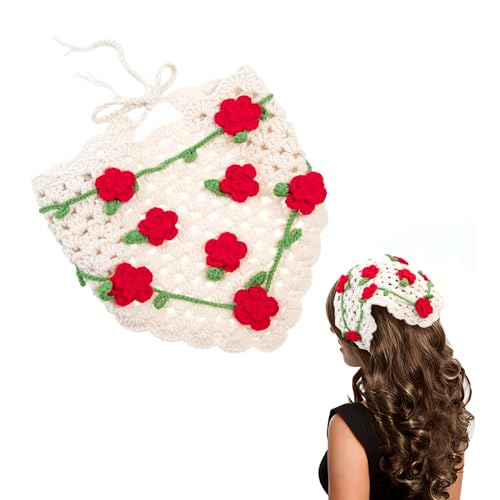 Handmade Crochet Women's Triangle Headscarf, 3D Floral Soft Skin-Friendly Cotton Cute Hair Wrap