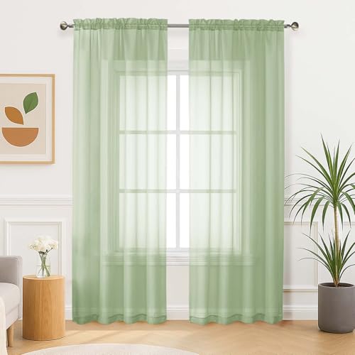 Aiyufeng Light Green Sheer Curtains 84 Inches Long 2 Panels Set for Living Room, Light Filtering Green Window Sheer Drapes for Bedroom, Each 42
