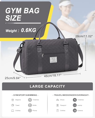 Image of Gym Duffle Bag for Women with Shoe Compartment Waterproof Travel Tote Bags Personal Item Carry On Weekender Overnight Bags with Toiletry Bag Swimming Yoga Bags Hospital Holdalls Black Grey