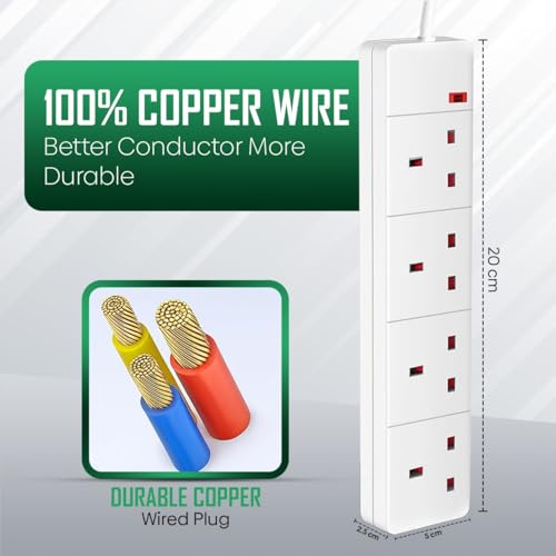 4 Way Extension Lead 3M Surge Protected UK Plug Power Extension Cable with 4 Gang Sockets, Surge Protection & Safety Shutters, Durable Plug Extension Cord for Home,Office - Image 4