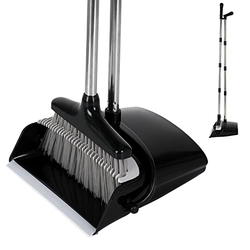 BoxedHome Besen und Kehrschaufel mit Langem Stiel,Aufrecht Kehrset Set Besen und kehrschaufel mit Griff mit Zahnkamm für Küche Zuhause Büro Fußboden Reinigung,Schwarz-Grau Cover