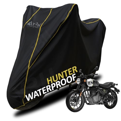 Image of Bike Body Cover Hunter 350 Full Body Cover with Waterproof, Dust Proof, UV Rays Protective, Tripple Stitching & Lightweight Two Wheeler Covers - Black with Waterproof Yellow Piping