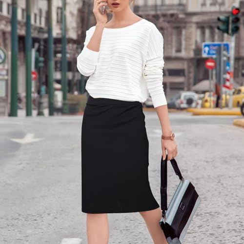 Schwarzer Rock, Knielang, hohe Taille, dehnbarer Bleistiftrock, Midirock für Damen, Enger, schwarzer Bleistiftrock, Büro, Damen, Damenröcke (DE/NL/SE/PL, Alphanumerisch, L, Regular, Regular, Schwarz)