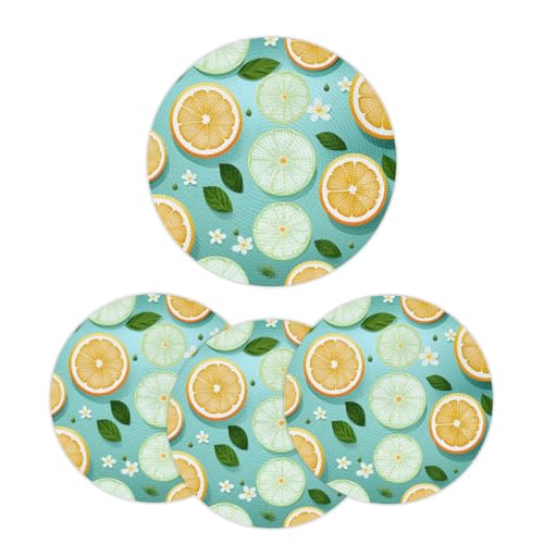 Mintoprints Juego de 4 manteles individuales redondos trenzados con diseño de rodajas de limón, manteles individuales lavables para cocina, mesa de comedor, 38 cm
