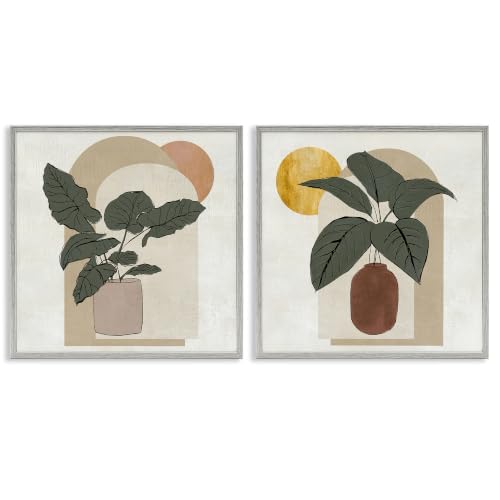 Potted Plant Leaves Geometric Boho, 17 x 17 Inch Framed Giclée Print Set
