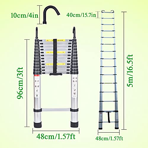Telescoping Ladder 16.5Ft Extension Ladder Telescopic Ladder Loft Attic Collapsible Ladder With 2 Detachable Hooks Adjustable Height Safety Lock Design For Roof Rv Indoor Outdoor En131 Safe Standard #TOP1