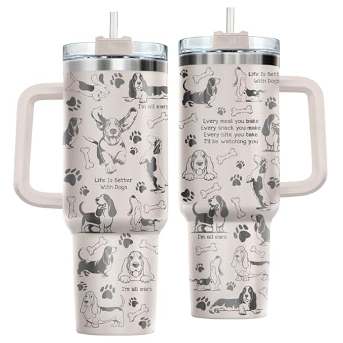 GEPOSTORE Cute Basset Hound Dog Tumbler 40oz with Handle & Straw, Pet Paw Print Vacuum Insulated Cup, Life is Better with Dogs Gift for Dad Mom, Women and Animal Lover
