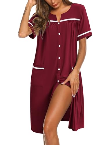 Image of Ekouaer Nightgowns for Women House Dress with Pockets Button Down Sleepshirt Short Sleeve Nightshirt Housecoat