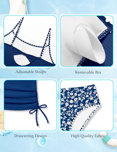 Image of Girls Tankini Swimsuit 2 Piece Set Unique Edge Girl Bathing Suit with Drawstring + Swim Briefs Swimwear Set for 9-16Y
