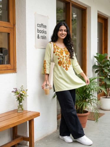 Image of Youthnic Women's Light Green Rayon Yoke Embroidery Straight Short Kurti | Office Wear Kurti | College Wear Kurti | Tunic Top