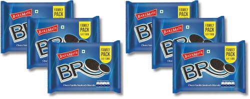 Image of BakeMate BRO Choco Vanilla Sandwich Biscuits Family Pack - Combo Pack of 6 (500g Each) | Vanilla Cream Biscuit | Snack for Kids | Family Pack Sandwich Cream Biscuit | Tea Time Snack | Cookies Packs | Value Pack Biscuits