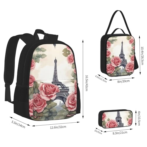 Eiffel Tower Rose Flower 3-Piece Set Backpack, Lunch Bag, And Pencil Case, Casual Cute Sets For Travel And College4