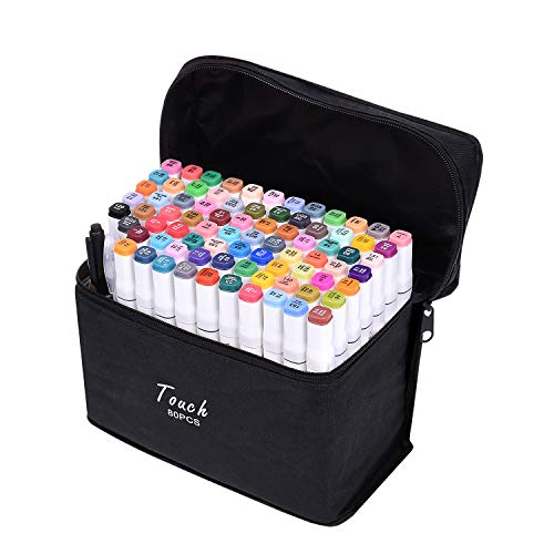 ELOKI Art Marker Set - 80 Color Dual Tip Permanent Sketch Markers - Ideal for Artists Adults Kids Drawing Coloring Crafts Gifts - 1 Color Card - Carry Case for Storage and Travel(White 80)