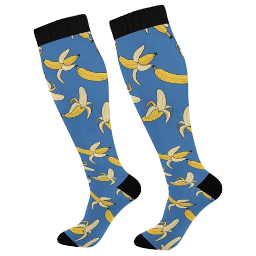 Cartoon Banana Blue Pattern Compression Socks for Women Men Nurses Running Support Long Athletic Socks for Workout Hiking Running Long Flight