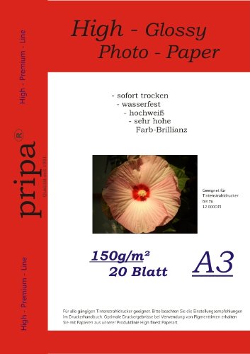 pripa Lot de 20 feuilles de papier photo brillant à séchage immédiat imperméable pour imprimantes à jet d'encre Format A3 150 g/