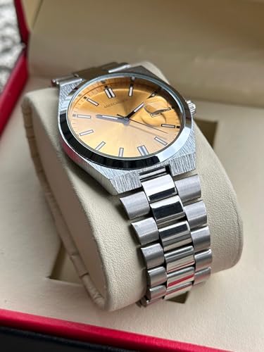 Image of AMERICANVIBER Men's Silver Stainless Steel Watch, Vibrant Green Sunburst Dial, Quartz Analog Movement, Date Display, Faceted Bezel for Men