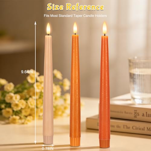 Image of Flameless Taper Candles with Remote, 9.6 inch Battery Operated Flickering LED Candlesticks, Real Wax Warm Earth Tone Taper Candles for Wedding Centerpieces, Dinner Table, Mantel, Window, 3 Pack