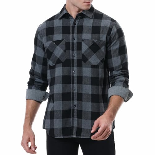 Image of WARHORSEE Flannel Shirt for Men Long Sleeve Button Down Plaid Shirts | Soft Cotton Blend for Multi-season Wear, Lightweight yet Warm, Dual buttoned storage pockets, Machine Washable Easy Care