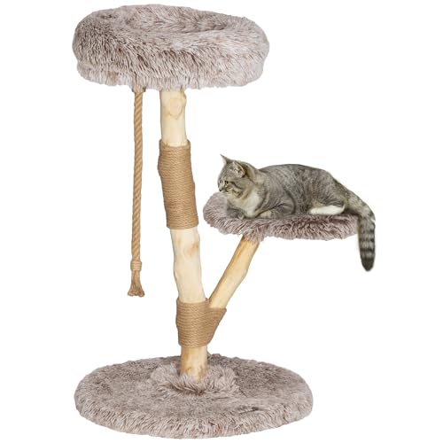 PawHut Cat Tree Tower, 35 Inch Modern Cat Tree for Indoor Adult Cats with Wooden Natural Branch Scratching Posts, Cat Bed & Rope Cat Toy, Brown