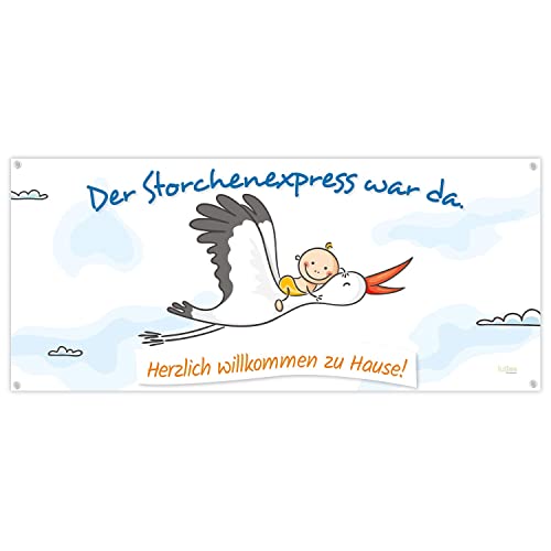 XL Banner zur Geburt | Baby auf Storch | Geschenk zur Geburt | Der Storchenexpress war da › Herzlich willkommen zu Hause › 160 cm breit, beschreibbar, inkl. Ösen › Made in Germany Cover