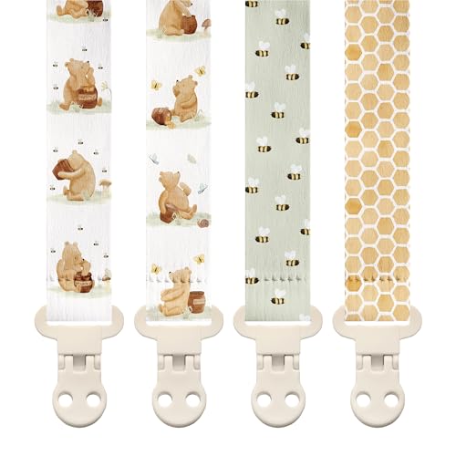Image of Stadela Baby Pacifier Clip Holder - Boy and Girl Unisex 4 Pack Gift Set – Vintage Classic Neutral Honey Winnie Bear and Bees Beige Yellow and Green