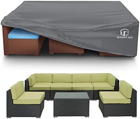 STARTWO 2 Years Lifespan Patio Furniture Covers Waterproof, Anti-UV Tear-Resistant 500D Heavy Duty 7-12 Seats Outdoor Furniture Cover for Sectional Sofa, Patio Table Cover, 110"x84"x28", Grey