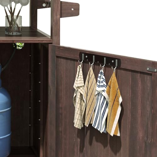 Outdoor Kitchen Island with Raised Shelf,Solid Wood Storage Cabinet with Stainless Steel Top,Outdoor Rolling Grill Cart with Internal Storage Rack, Adjustable Shelf,Spice Rack (Brown#028)